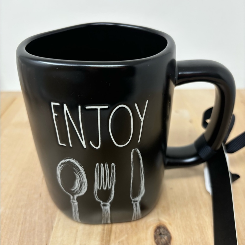 Rae Dunn ENJOY Mug Black Ceramic with White Lettering New